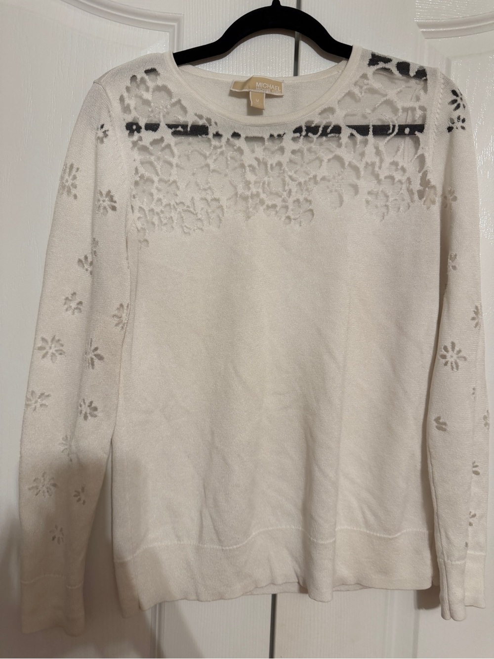 Michael Kors Ivory Crewneck Floral Cutout Sweater